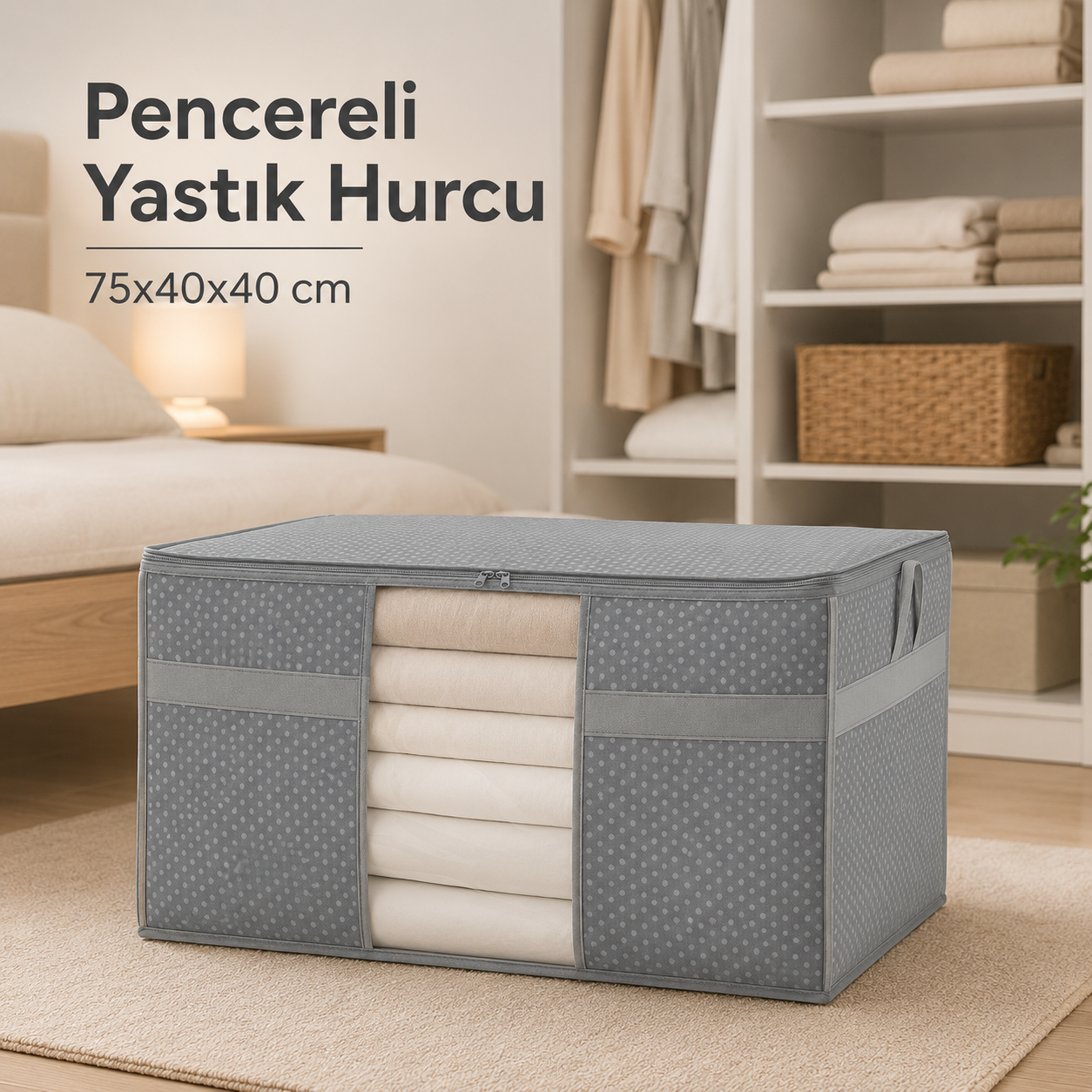 GuleHome Pencereli Yastık Hurcu 75x40x40 cm – Geniş Hacimli Düzenleyici Saklama Çantası