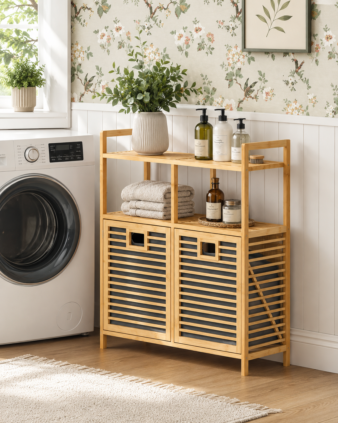 Gule Home Bambu Çamaşır Sepetli Çok Amaçlı Banyo ve Düzenleyici Dolap