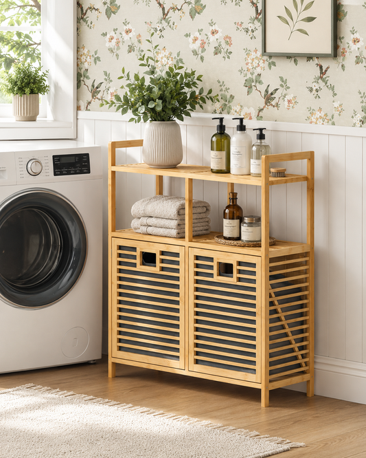 Gule Home Bambu Çamaşır Sepetli Çok Amaçlı Banyo ve Düzenleyici Dolap