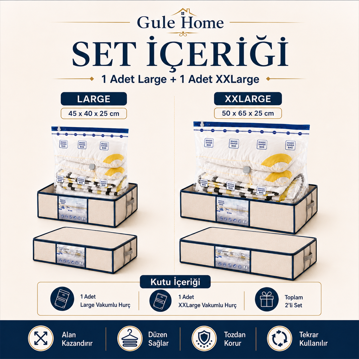 Gule Home 2’li Vakumlu Hurç Seti Large + XXLarge Bez Çantalı Saklama Hurcu