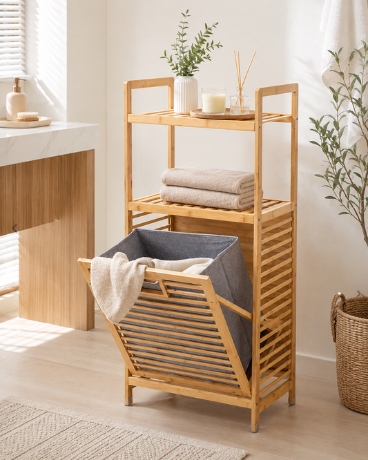 Gule Home Bambu Çamaşır Sepetli Raflı Düzenleyici
