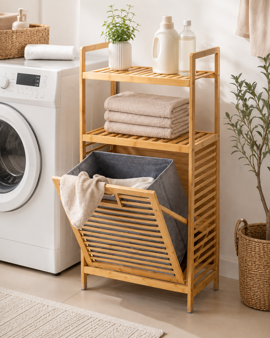 Gule Home Bambu Çamaşır Sepetli Raflı Düzenleyici