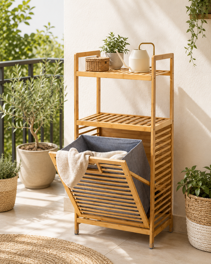Gule Home Bambu Çamaşır Sepetli Raflı Düzenleyici