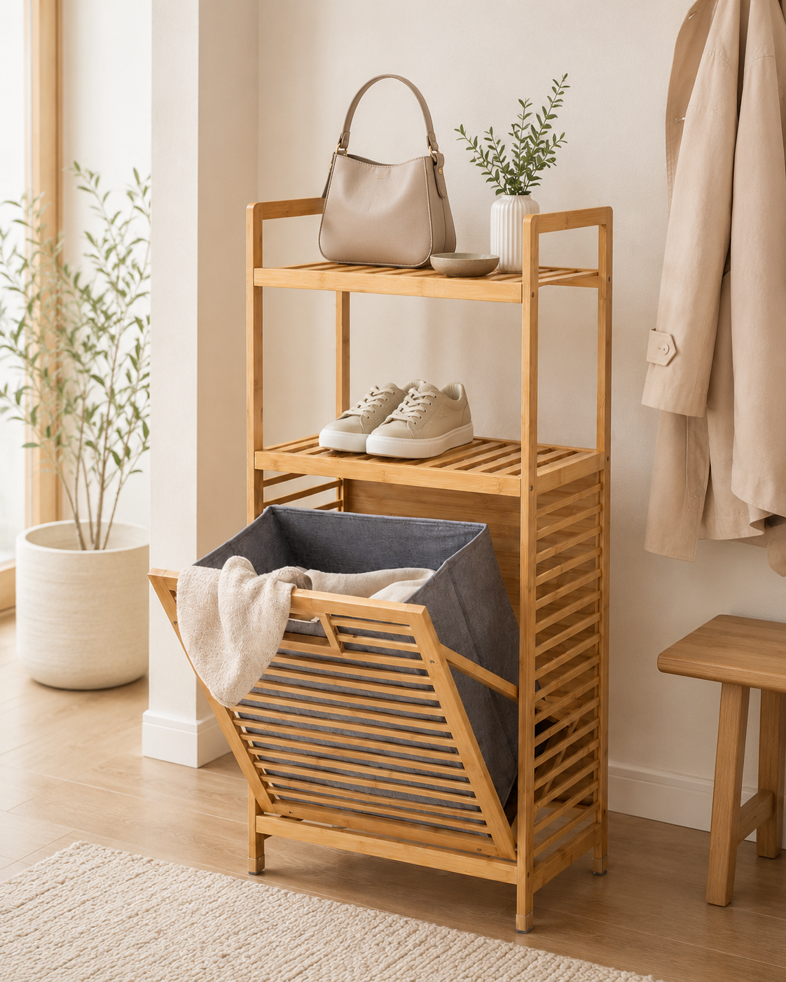 Gule Home Bambu Çamaşır Sepetli Raflı Düzenleyici