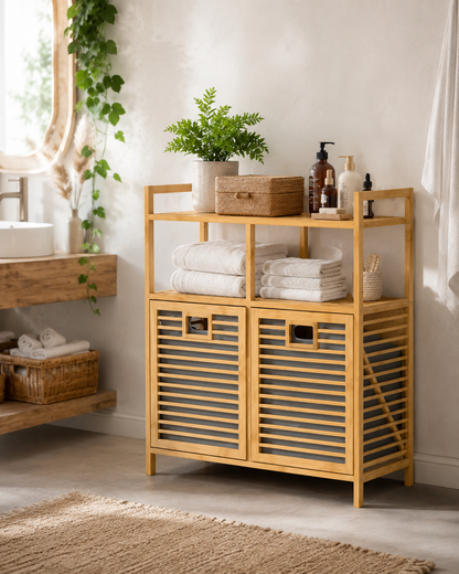 Gule Home Bambu Çamaşır Sepetli Çok Amaçlı Banyo ve Düzenleyici Dolap