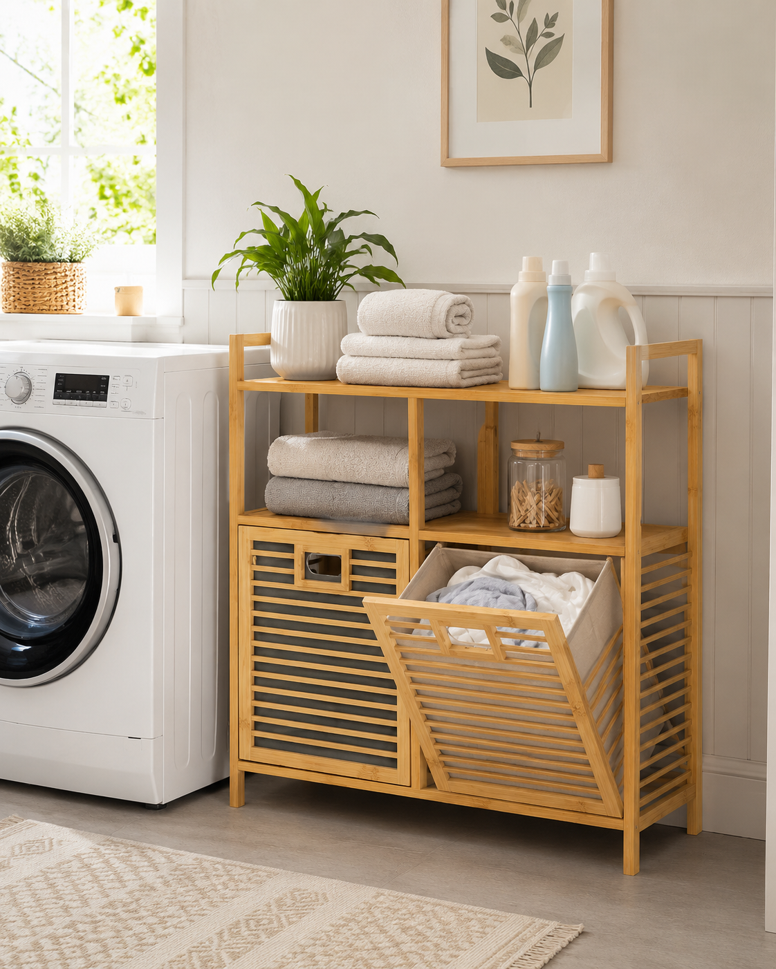Gule Home Bambu Çamaşır Sepetli Çok Amaçlı Banyo ve Düzenleyici Dolap