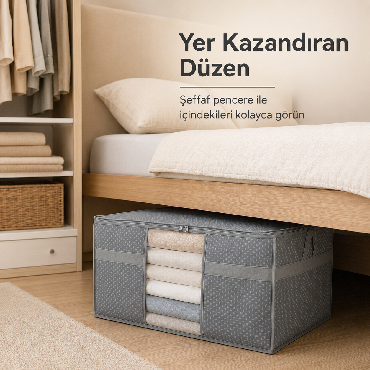 GuleHome Pencereli Yastık Hurcu 75x40x40 cm – Geniş Hacimli Düzenleyici Saklama Çantası